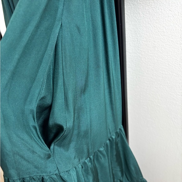 La Ligne Teal emerald green smocked maxi Dress scoop neck short sleeve silk - Picture 4 of 8